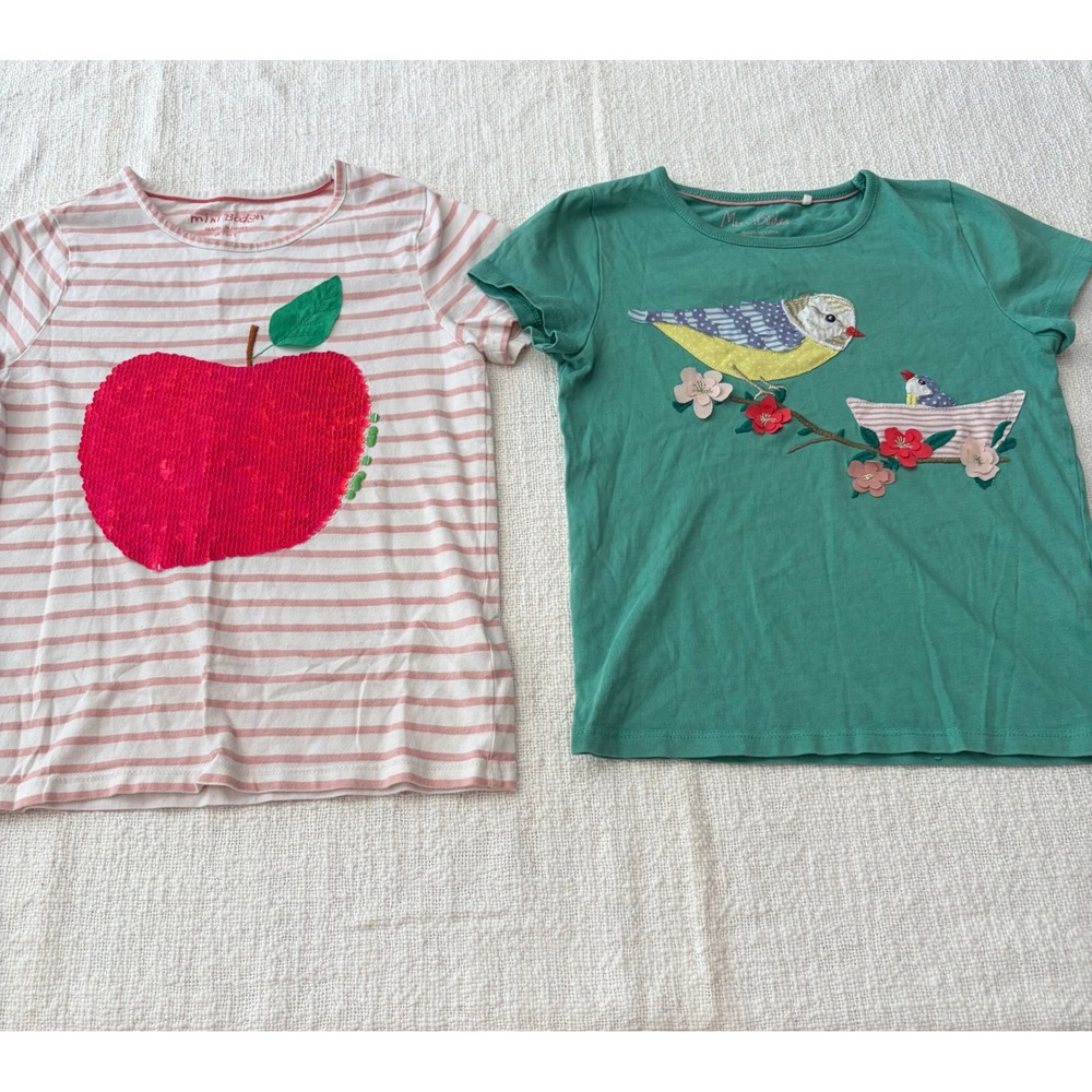 Mini Boden Girls Sequin Apple & Bird Applique T-Shirt Bundle Size 6-7Y 122cm
